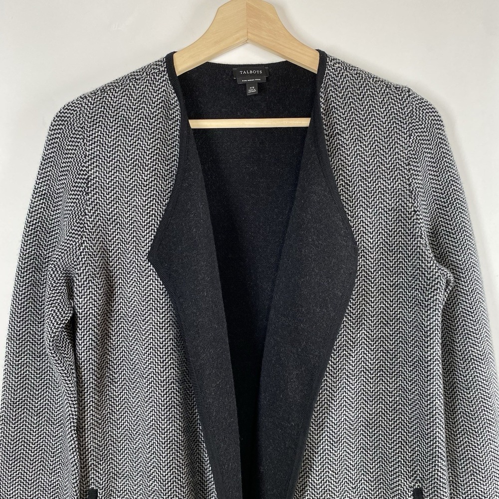 Talbots Womens Merino Wool Front Open Knit Drape Cardigan Herringbone Sz XS Gray - Picture 2 of 16